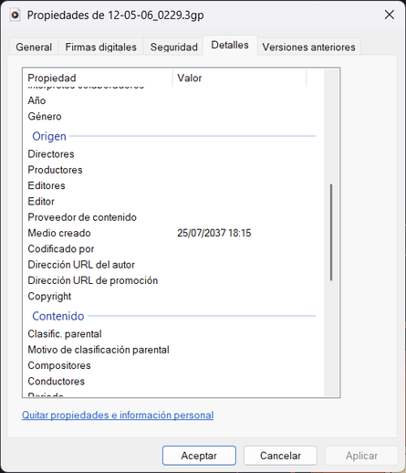 Propiedades del fichero en cuestión donde se aprecia que el metadato "Medio creado" data con fecha de 25/07/2037