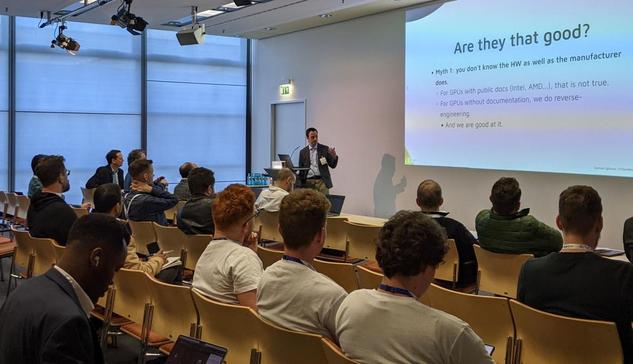 Samuel Iglesias presenting a talk about Open Source GPU drivers during Embedded World 2025.