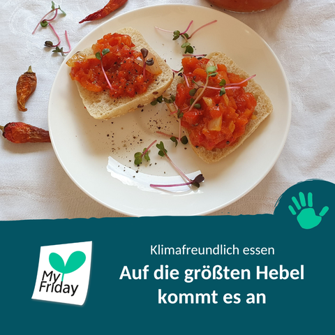 Foto: Brot mit Tomatenbelag auf einem Teller. Text: Klimafreundlich essen: Auf die größten Hebel kommt es an. Logo: My Friday