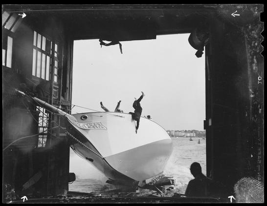 Boat capsizing during its launch, August 1936. With brilliant timing the camera had captured limbs and bodies flying everywhere, because staying the fuck off the boat during the dangerous bit was not yet a thing