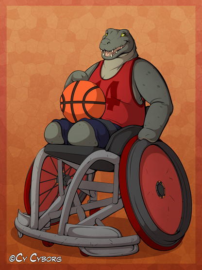 a digital illustration of a grey-ish green anthropomorphic crocodile in a red basketball singlet with the number 14 on it. He is a quad amputee, missing all of his fingers and both legs above the knee, and is sitting in a silver wheelchair rugby chair with red wheels, holding a basketball in his lap. The background is an abstract orange stained-glass pattern.