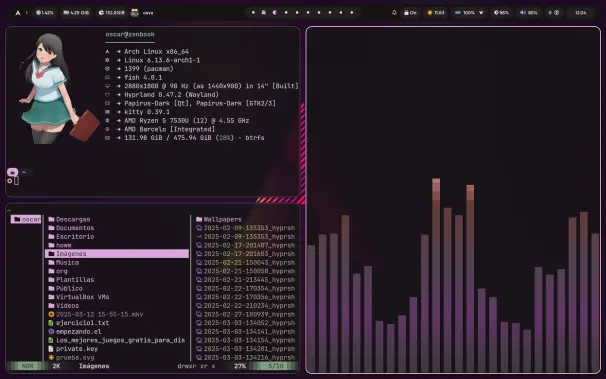 Varias terminales con programas abiertos en una esta cava, en otra fastfetch y en otra yazi