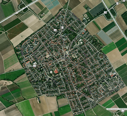 Ein Satellitenbild von Mutterstadt. Die Straßen sind ausgesprochen symmetrisch geschnitten.