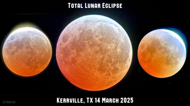 Three Moon photos showing the start, middle and end of the total lunar eclipse. The Moon is red in all three, while the start and end have silvery edges.