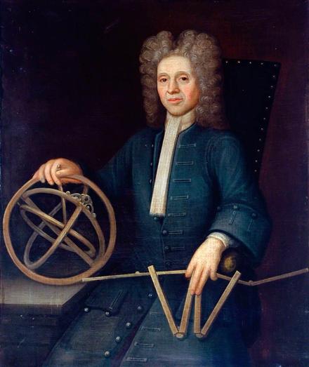 formal portrait of man in long wig and 17th century dress holding measuring devices