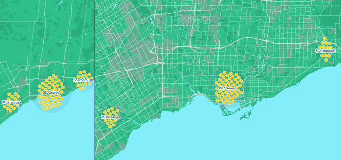 two maps each showing clusters of points (bee-swarms) around three locations in toronto to compare relative amounts - the maps are at different zoom-levels/scales - but the clusters of points (bee-swarms) adjust their location to not overlap and remain distinguishable