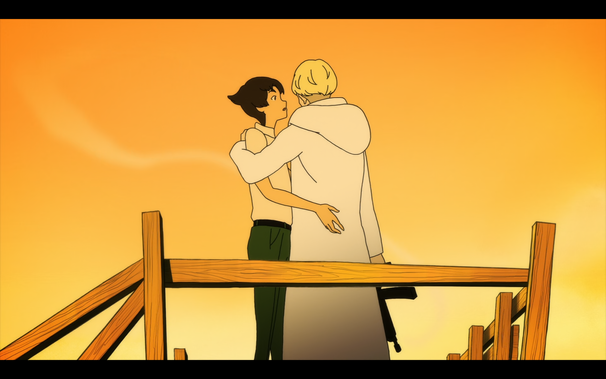 Screen shot from Devil man cry baby of Ryo holding Akria with his arm and Akira with his arms on Ryo's back and front. Ryo is holding a machine gun in his other hand.
The pose looks like a classic action hero holding a "babe" but if the pose was shown from behined.