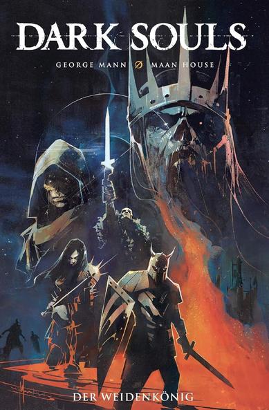 Das Cover des Fantasy-Comics er Weidenkönig von George Mann zeigt verschiedene Figuren.
Am unteren Bildrand steht eine Person in Rüstung mit Schild, Schwert und gehörntem Helm. Dahinter kniet eine langhaarige Person auf einem Bein mit gezacktem Schulterschutz und Schwert.
Hinter ihr reckt eine Person ein weiteres Schwert in die Luft, während links neben ihr ein größerer Oberkörper einer Person mit Umhang zu sehen ist und rechts davon ein noch größerer skelettierter Kopf mit Zackenkrone.