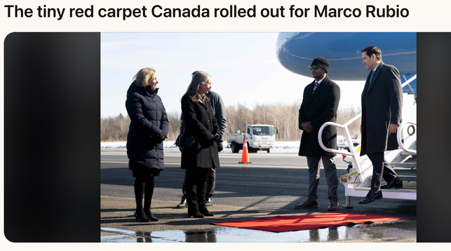 Photo of a tiny red carpet Canada rolled out for Marco Rubio . It leads him right into a puddle.



- N N

L WY T ety e