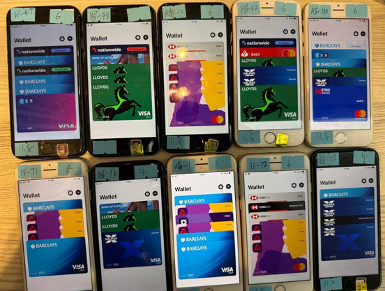 An image from the Telegram channel for a popular Chinese smishing kit vendor shows 10 mobile phones for sale, each loaded with 4-6 digital wallets from different UK financial institutions.