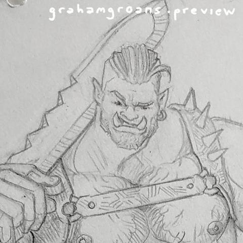 A pencil drawing of a grim looking orc, staring at the viewer, wearing a spike-studded harness, resting a grim looking shortsword on his shoulder. The image is obviously a cropped version of a larger picture.