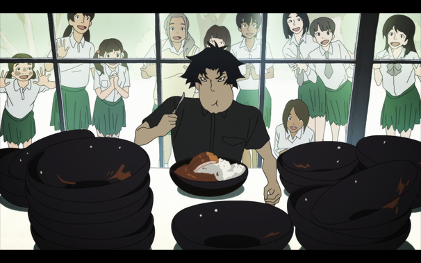 Screenshot from Devilman crybaby of Akira in his body after transformation eating katsu curry bowls, His left cheek completely puffed out while chewing in a very cartoonish maner. In the forground you see stacks of empty bowls he's eaten and in the background you can see a lot of school girls looking through a window, oogling him.