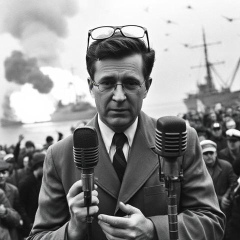 On December 7, 1941, as Japan bombs Pearl Harbor, young Senator Chuck Schumer delivers a speech as ships and buildings blow up behind him.
