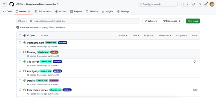 A GitHub screenshot depicting a range of open issues on the Deep Maps Blue Humanities monograph project.