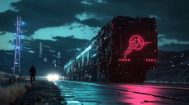 Fret Néon
Un train massif et futuriste illuminé par des néons rouges traverse une nuit orageuse, tandis qu’un voyageur solitaire marche le long des rails, baigné dans une lueur électrique.
A massive futuristic train illuminated by red neon lights moves through a stormy night, while a lone traveler walks along the tracks, bathed in an electric glow.