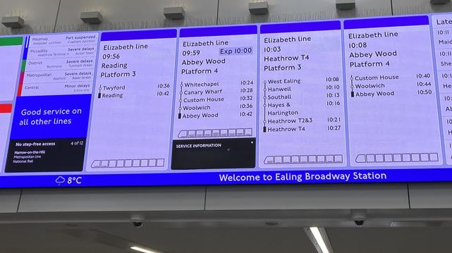Digital train information board at Ealing Broadway Station showing service updates and train times.

Photo by MTR Elizabeth line