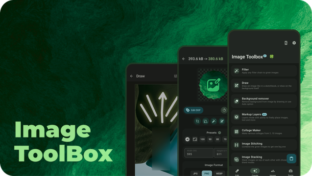 Image plutôt décorative avec quelques captures d'écran de l'app. Il est noté Image Toolbox.