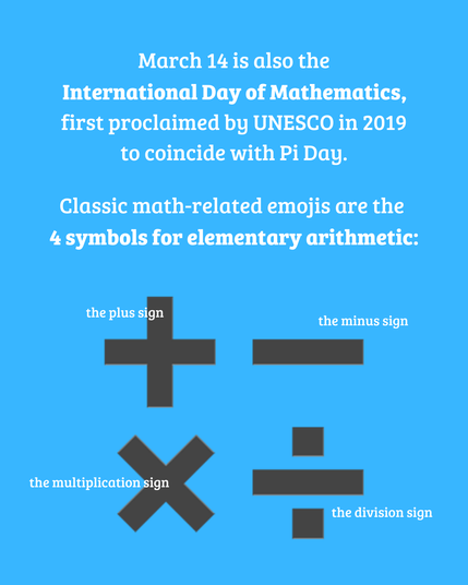 March 14 is also the International Day of Mathematics, first proclaimed by UNESCO in 2019 to coincide with Pi Day.

Classic math-related emojis are the 4 symbols for elementary arithmetic: the plus sign, the minus sign, the multiplication sign, and the division sign.
