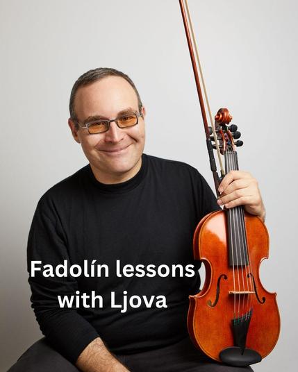 a photo of Ljova holding a fadolín with the text "fadolín lessons with Ljova"  --- he is wearing a black shirt and smiling