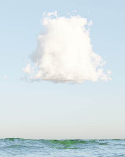 3D rendering of a white cumulus cloud above a blue-green ocean