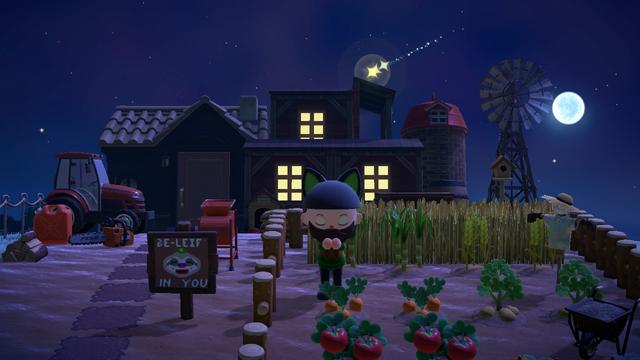 Animal Crossing: New Horizons screenshot. Set at night with shooting stars and a full moon in the background. A human, bearded villager dressed similar to Kiki (green sweater, black cat ears) is making a wish on a shooting star in a farm area.