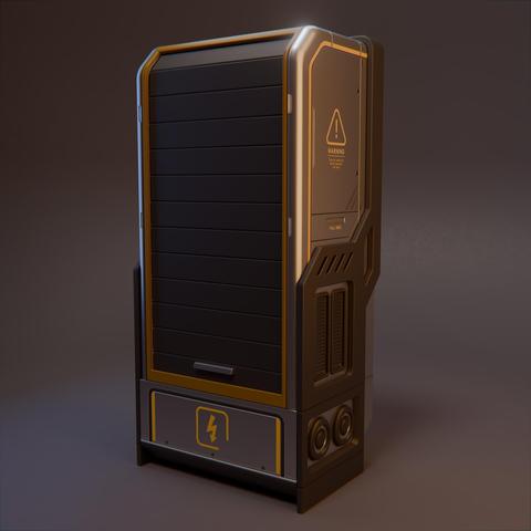 3D render of a sci-fi cabinet with roll-up door.
