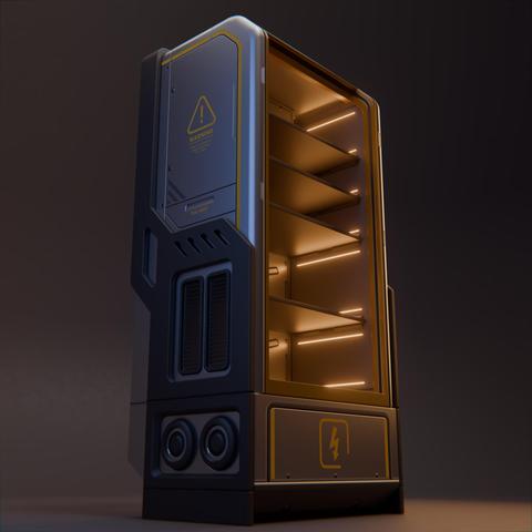3D render of a sci-fi cabinet with roll-up door.