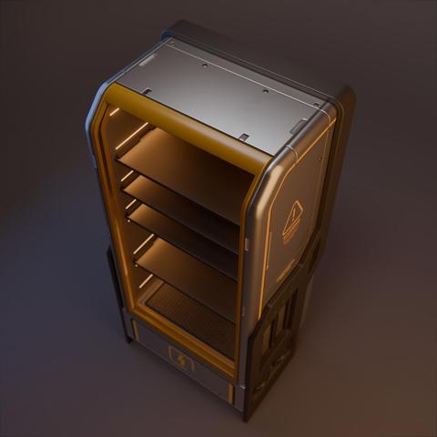 3D render of a sci-fi cabinet with roll-up door.