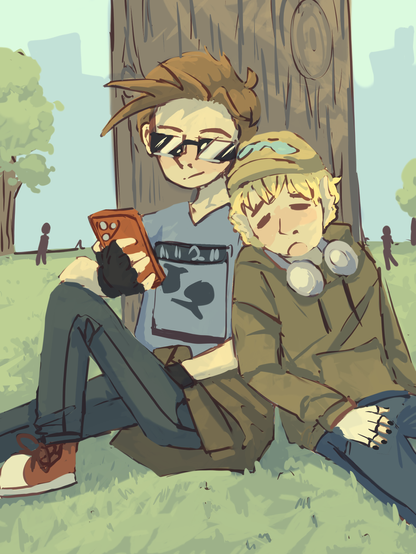 My Ocs Finn and Oskar sitting under a tree. Oskar, a blonde boy with headphoens around his neck is sleeping on the shoulder of Finn. Finn is wearing sunglasses and scrolling on this phones. The image is in vertical format, with a park in the background.