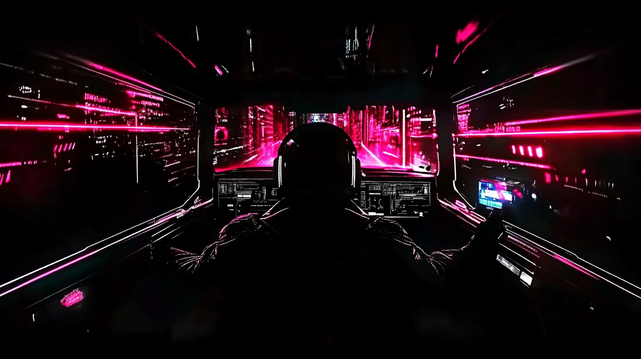Dérive Cybernétique
Un pilote solitaire navigue dans une ville cybernétique enflammée de néons roses, son cockpit illuminé par des interfaces futuristes et des lignes de données vibrantes.
A lone driver navigates through a cybernetic city ablaze with pink neon lights, his cockpit illuminated by futuristic interfaces and pulsating data lines.