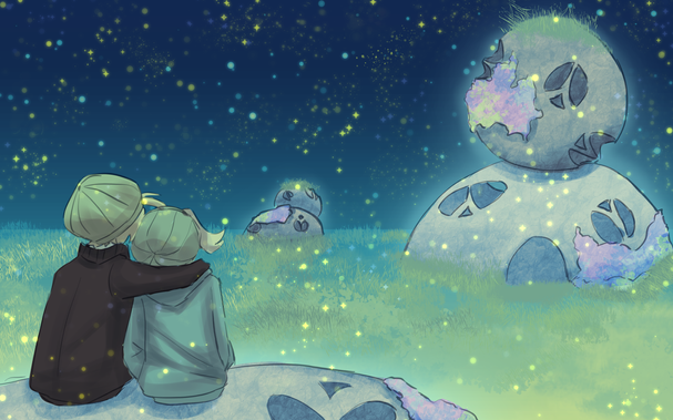 Evelin and Mio from Alea Aquarius are sitting on the bottom left. They look over a field of grass. They are underwater. There are two round houses in the background.