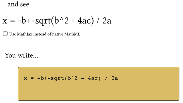 Formel (Lösung quadratischer Gleichungen) mit nativem MathML im Safari unter iOS 15.8.3