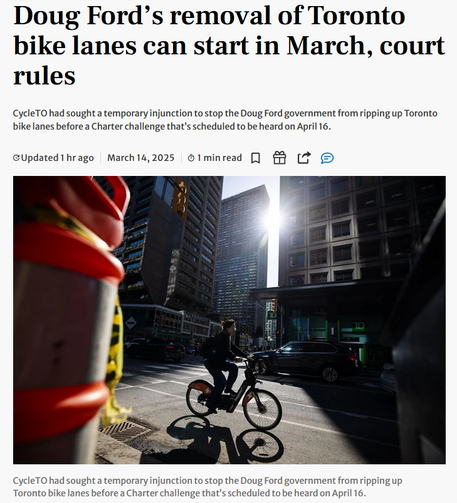 Screenshot of linked article, with photo of cyclist on a Toronto bike lane
