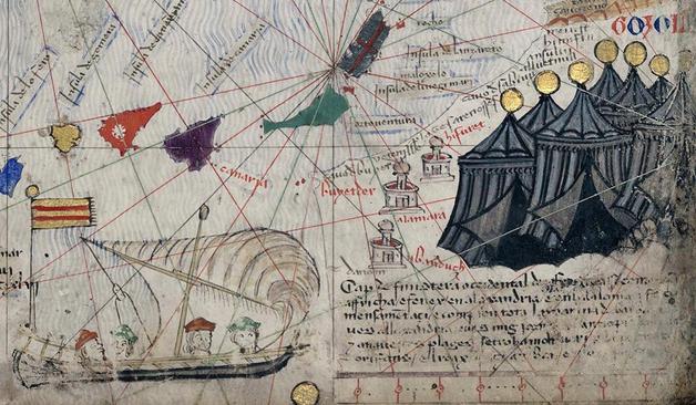 Abraham Cresques, Atlas catalan (1375); Paris, BnF, ms. esp. 30 (détail). En ligne: https://gallica.bnf.fr/ark:/12148/btv1b55002481n.