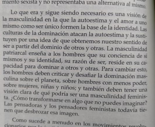 Foto de fragmento de un libro:

Lo que era y sigue siendo necesario es una visión de la masculinidad en la que la autoestima y el amor a uno mismo como ser único formen la base de la identidad. Las culturas de la dominación atacan la autoestima y la susti- tuyen por una idea de que obtenemos nuestro sentido de ser a partir del dominio de otros y otras. La masculinidad patriarcal enseña a los hombres que su conciencia de sí mismos y su identidad, su razón de ser, reside en su ca- pacidad para dominar a otros y otras. Para cambiar esto, los hombres deben criticar y desafiar la dominación mas- culina sobre el planeta, sobre hombres con menos poder, sobre mujeres, niñas y niños; y también deben tener una visión clara de qué podría ser una masculinidad feminista. ¿Cómo transformarse en algo que no puedes imaginar? Las pensadoras y los pensadores feministas todavía tienen que desbrozar esa imagen.