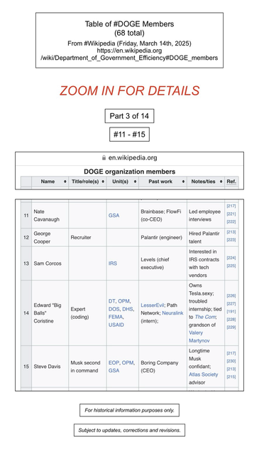 Screenshot of table of DOGE members (numbers eleven through fifteen, of sixty-eight) (from Wikipedia).