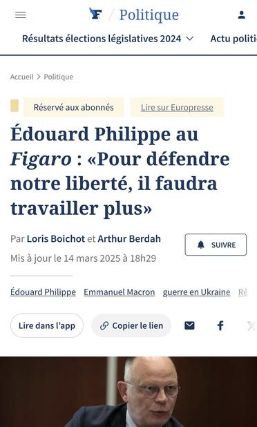 capture d'écran :
Édouard Philippe au Figaro "pour défendre notre liberté il faudra travailler plus"