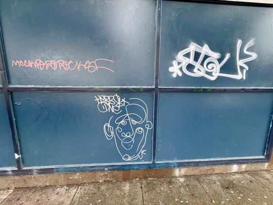 Another photo of the one-line graffiti, but from further away so you can see the other graffiti tags near it. One of the tags is a long name written in San Francisco Bus Flow Style (a swirly style of tagging that usually uses one long line and gets bigger as it goes left to right). I think that tag says something like "MackReRoRockSF" in a pink paint. Another tag, made using white spray paint with a fat cap, says something I can't read. But it looks cool.