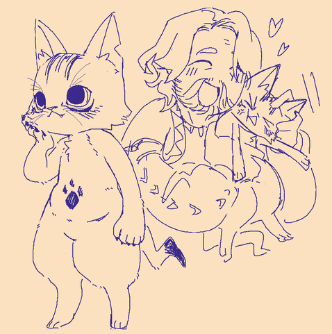 Illustration of Palico Karin. There is a doodle of Hunter Viktor cuddling her, where Viktor looks super pleased while Karin looks ticked off.
