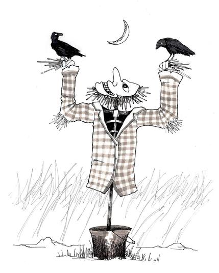 An ink drawing I’d a scarecrow whose face is an exaggerated, sinister cartoon mask, rotated to look straight up. It is propped up on a stick in a bucket, and tufts of straw are visible around the face and wrists and elbows. Both of its arms are raised in the air, and there is a black bird perched on each wrist, where the hand would be.