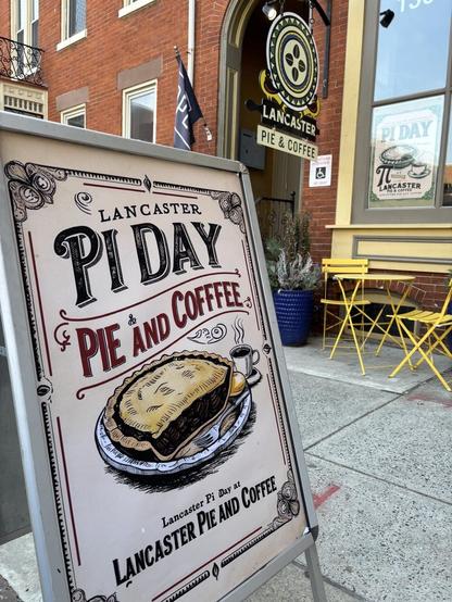 Pi Day sign in front of Lancaster Pie and Coffee, today.