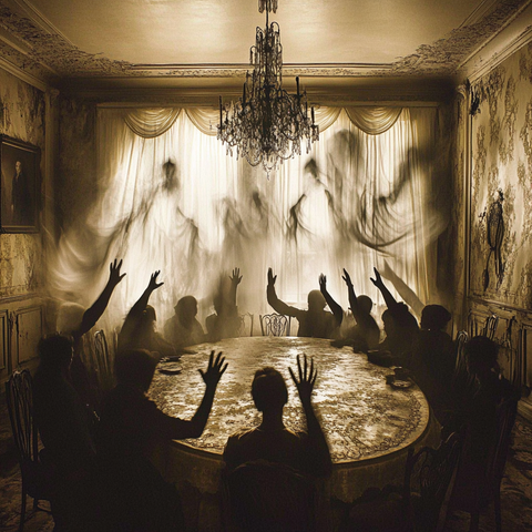 L'Invocation.
Scène spectrale d’une séance Victorienne où des esprits apparaissent derrière un voile de lumière, répondant à l’appel des vivants.
Spectral scene of a Victorian séance where spirits emerge behind a veil of light, answering the call of the living.