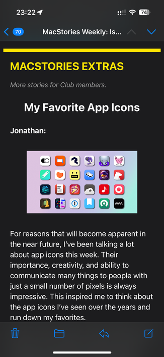 Screenshot of MacStories Weekly: Jonathan's selection of his favorite app icons. Including 'Next Size'.