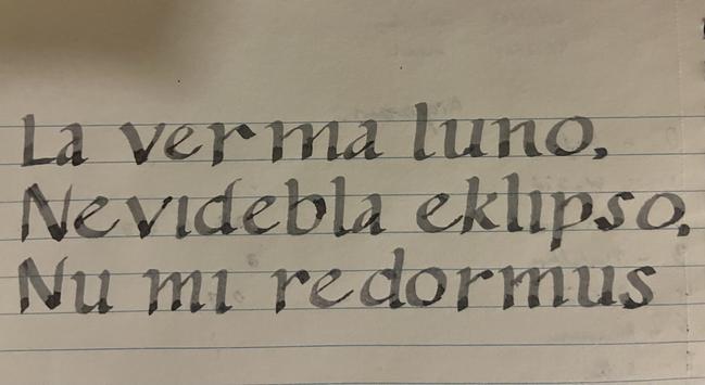 A calligraphic haiku in grey-green ink that reads
La verma luno
Nevidebla eklipso 
Nu mi redormus