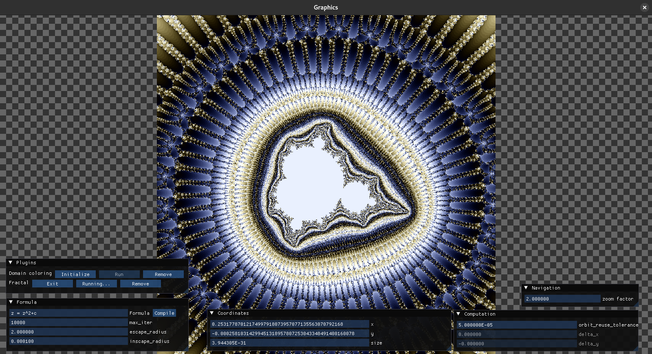 A screenshot of my fractal generator, which shows some GUI-Elements and a square image of the Mandelbrot set.