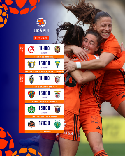 Póster com a listagem dos jogos da Jornada 18 da Liga BPI, em que o fundo é uma fotografia de três jogadoras do Racing Power, festejando um golo.

Sábaso, 15 de março:

* Clube Albergaria - CS Marítimo, 11h, Estádio do Mergulhão, https://canal11.pt

* FC Famalicão - GD Estoril Praia, 15h, Campo n.° 2, Comp. Desp. Mun. VN. Famalicão, https://canal11.pt

Domingo, 16 de março:

* Valadares Gaia FC - SC Braga, 11h, Estádio Dr. Jorge Sampaio, Canal 11

* SF Damaiense - SL Benfica, 15h, Campo Eng.° Carlos Salema, https://canal11.pt

* Vilaverdense FC - SCU Torreense, 15h, Campo da Cruz do Mergulhão, https://canal11.pt

* Racing Power - Sporting CP, 17h30, Estádio Nacional, Canal 11