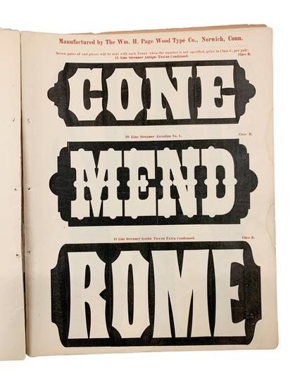 Interior of 1878 catalog showing three decorative wood type specimens, printed black ink on cream paper. Spelling out “cone” “mend” “Rome”.