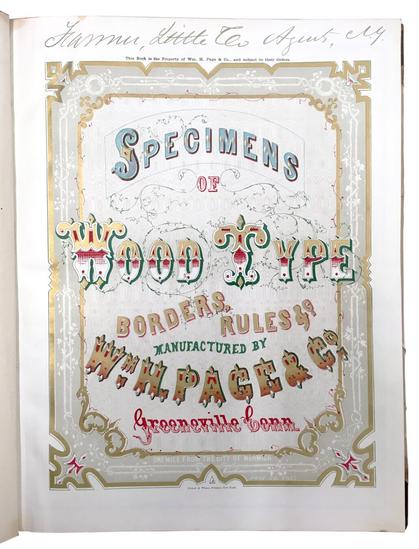 Image of the multicolored engraved title page from _Specimens of Wood Type, Borders, Rules, &amp;c., Manufactured by Wm. H. Page &amp; Co., Greenville, Conn._ (1867); held in the Kemble Collection, California Historical Society (currently being transferred to Stanford Special Collections)