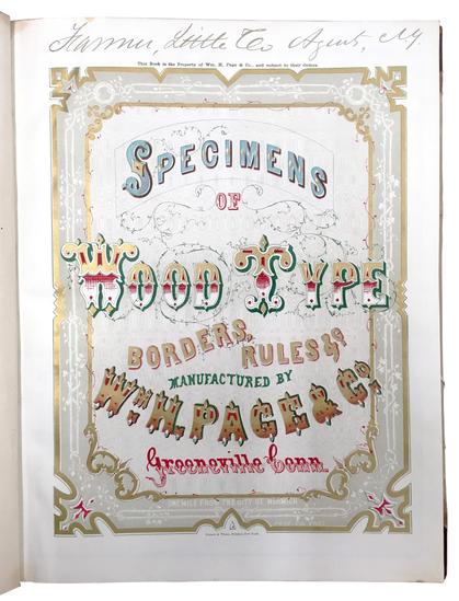 Image of the engraved title page from _Specimens of Wood Type, Borders, Rules, &c., Manufactured by Wm. H. Page & Co., Greenville, Conn._ (1867); held in the Kemble Collection, California Historical Society (currently being transferred to Stanford Special Collections).