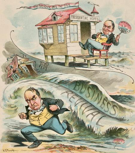 Late 19th century color cartoon. 
Top: William McKinley contentedly sitting on the porch of a house labeled "Presidential Hopes", flying a banner that states "The Foreigner Pays the Tax", built on stilts on a sandy beach. 
Below: a rising tide labeled "Business Revival" has washed away the house and McKinley runs for safety.